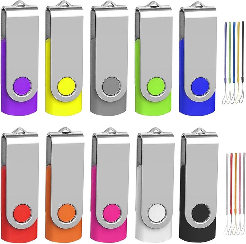 Wooolken 32GB Flash Drive 10 Pack, USB 2.0 Thumb Drive Bulk Pen Drive Metal Swivel Memory Stick 32 GB 10 Colors Multipack Value Zip USB Drives with Lanyard - Image 1